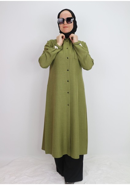 1635 Tunik Önden Düğmeli Cep Kapak ve Kol Ucu Boncuk Detaylı Uzun Tunik Qys Tunik #24-03# modelleri