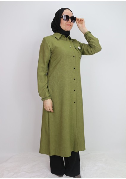 1635 Tunik Önden Düğmeli Cep Kapak ve Kol Ucu Boncuk Detaylı Uzun Tunik Qys Tunik #24-03# fırsatları