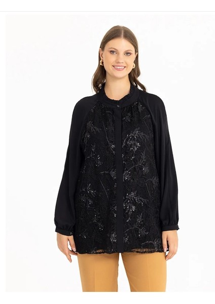 Büyük Beden Dantel Detaylıı Gömlek Tunik Qks 221201001 Şık Gömlek Tunik #22-09#