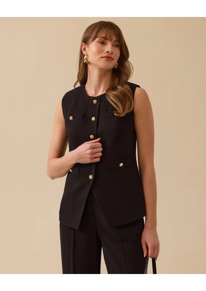 10001 Önden Düğmeli Sıfır Yaka Önden Cepli Yarım Kollu Yelek #03-25#