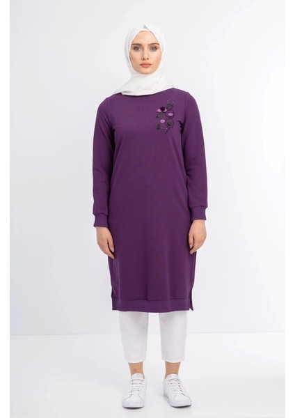 1502 Göğüsü Boncuk ve Pul Detaylı Iki Iplik Uzun Sweat Qys Iki Iplik Sweat 1503 #23-05#