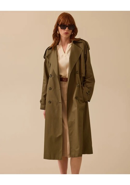 10002 Kruvaze Yaka Önden Düğmeli Beli Kemerli Kolları Manşetli Günlük Trençkot #03-25#