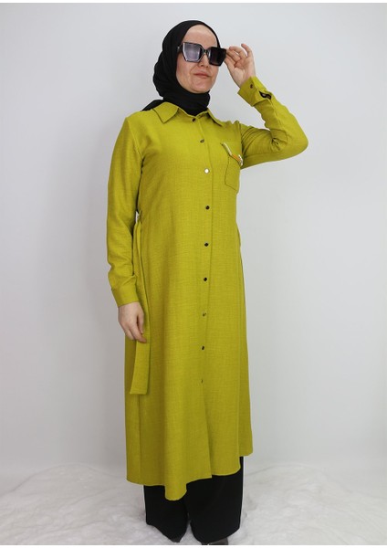 1633 Tunik Önden Düğmeli Beli Bağlamalı Cebi Taşlı Tunik Qys Tunik #247-03#