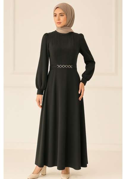 63097 Sıfır Yaka Göğsü Pileli Kol Ucu Lastikli Krep Elbise #04-25#