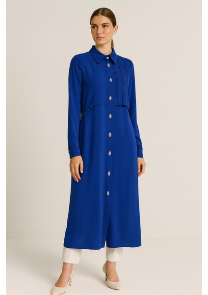 25153 Gömlek Yaka Önden Çıtçıt Kapamalı Omuzdan Yarıya Kadar Büzgü Kumaş Detaylı Uzun Tunik #06-25#