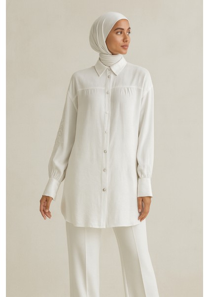 61079 Önü Düğmeli Kolu Taş Işlemeli Balon Kol Oversize Pamuklu Gömlek #04-25#