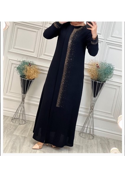 4062ÖNÜ ve Kol Ucu Taşlı Sıfır Yaka Serpme Taşlı Özel Gün Sıfır Yaka Tam Boy Ferace Qys 4062 #23-01# fiyatları