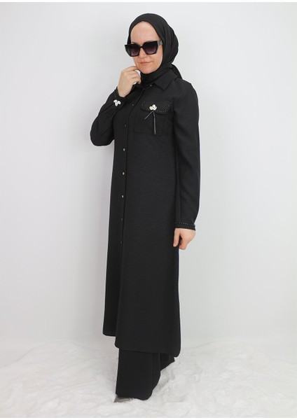 1635 Tunik Önden Düğmeli Cep Kapak ve Kol Ucu Boncuk Detaylı Uzun Tunik Qys Tunik #24-03#