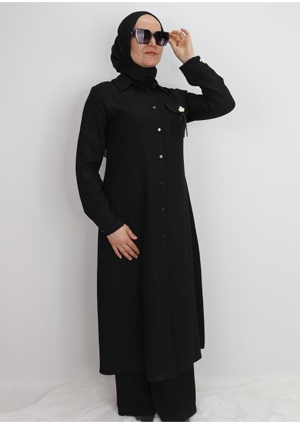 1635 Tunik Önden Düğmeli Cep Kapak ve Kol Ucu Boncuk Detaylı Uzun Tunik Qys Tunik #24-03# modelleri
