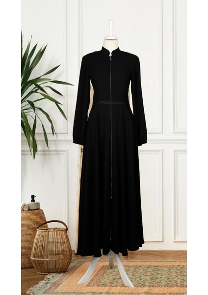 9201 Kol Ucu Lastikli Beli Şerit Detaylı Mevlana Model Ferace Qys 9201 Ferace #23-03#