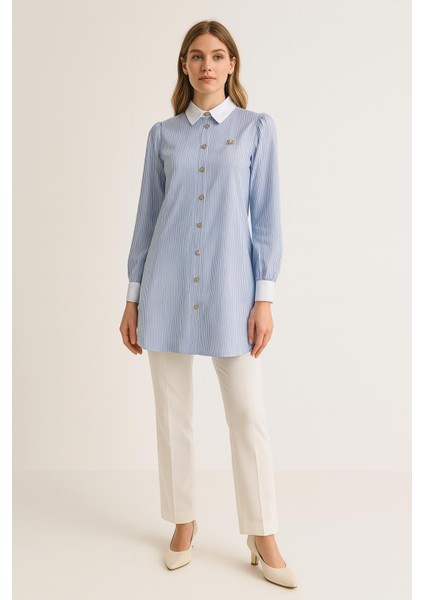 10204 Önü Düğmeli Bebe Yaka Balon Kol Klasik Spor Pamuklu Gömlek #04-25#