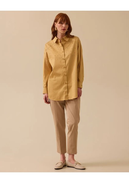 10003 Önden Düğmeli Kolları Manşetli Önü Dikiş ve Taş Detaylı Şık Gömlek #03-25#