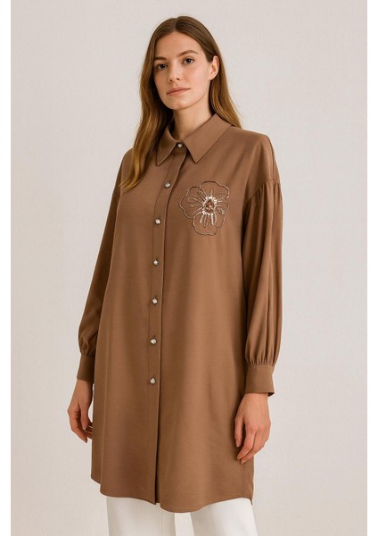61035 Önü Boncuk Düğmeli Göğüsü Çiçek Desenli Oversize Pamuklu Gömlek #04-25#