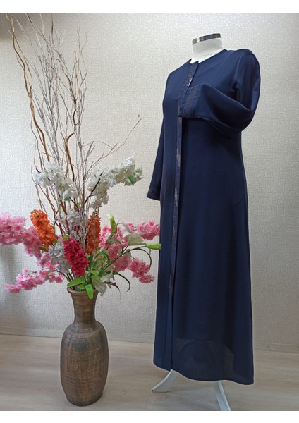 3021ÖNÜ ve Kol Uçları Taş Işlemeli Yuvarlak Yaka Gizli Fermuarlı Feerace Qys 3021 Ferace #22-01#