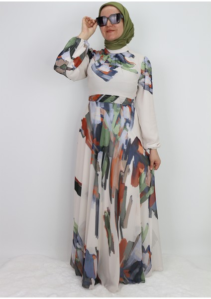 330190 Elbise Desenli Kuşaklı Kol Ucu Lastikli Şifon Elibse Qys Elbise #24-073 modelleri