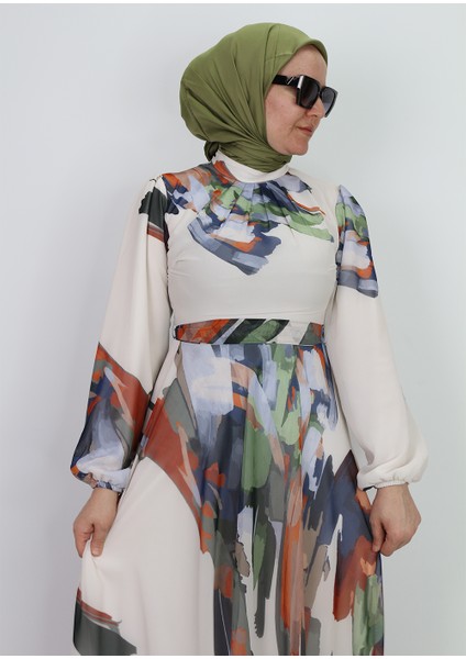 330190 Elbise Desenli Kuşaklı Kol Ucu Lastikli Şifon Elibse Qys Elbise #24-073 fırsatları