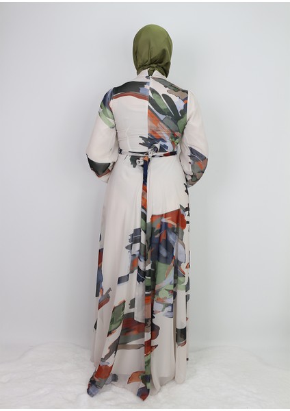 330190 Elbise Desenli Kuşaklı Kol Ucu Lastikli Şifon Elibse Qys Elbise #24-073 indirimleri