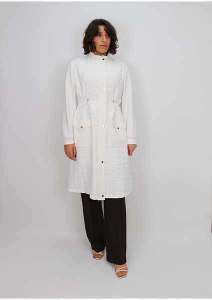 1204 Önü Çıt Çıt ve Fermuar Detaylı Beli Lastik Detay Hakim Yaka Kapitone Uzun Kap Qks #24-10#