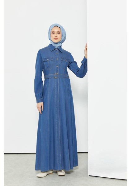 55002 Önü Düğmeli Çift Cepli Kemerli Spor Kot Elbise #03-25#