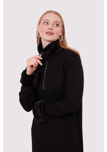 330256 Yakası ve Kol Ucu Kürklü Önü Yarım Fermuarlı Iki Iplik Elbise #01-25# fiyatları