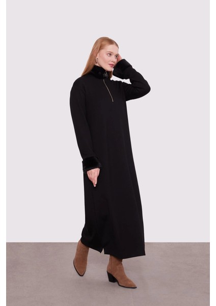 330256 Yakası ve Kol Ucu Kürklü Önü Yarım Fermuarlı Iki Iplik Elbise #01-25# modelleri