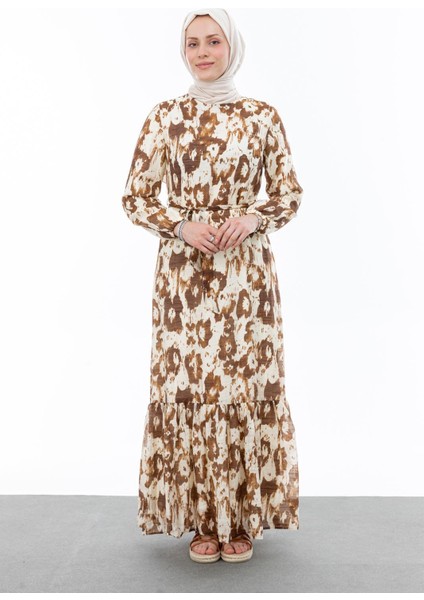 1001 Sıfır Yaka Kol Ucu Lastikli Beli Bağlamalı Etek Ucu Fırfır Detaylı Içi Astarlı Desenli Elbise