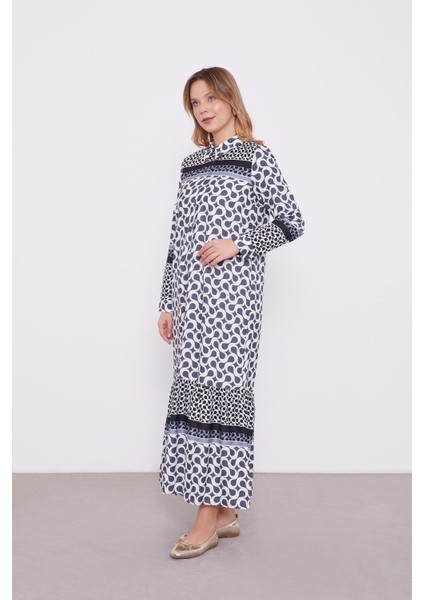 330227 Gömlek Yaka Yarıya Kadar Düğmeli Kol Ucu Manşetli Eteğin Uç Kısmı Fırfır Detaylı Desenli Günlük Elbise