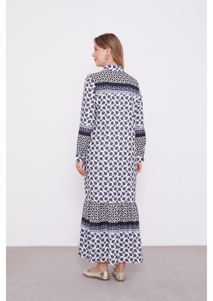 330227 Gömlek Yaka Yarıya Kadar Düğmeli Kol Ucu Manşetli Eteğin Uç Kısmı Fırfır Detaylı Desenli Günlük Elbise fiyatları