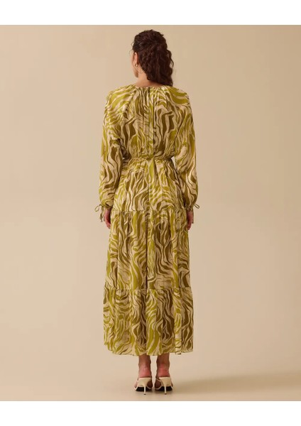 1029 Sıfır Yaka Yakası ve Kolları Ip Bağlama Detaylı Eteğinin Ucu Kat Detaylı Desenli Şık Elbise #03-25# fiyatları