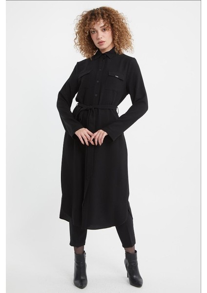 61077 Önü Düğmeli Kuşak Kemerli Gömlek Yaka Tunik Qks 61077 Tunik #22-10#