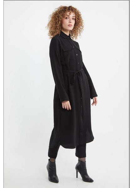 61077 Önü Düğmeli Kuşak Kemerli Gömlek Yaka Tunik Qks 61077 Tunik #22-10# modelleri