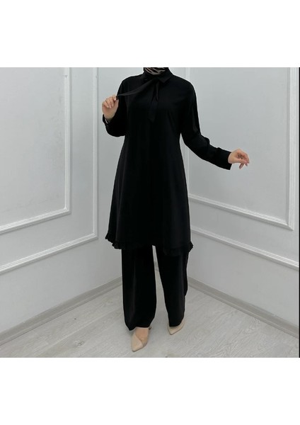 1615 Takım Önü Düğmeli Kravatlı Etek Ucu Fırfırlı Ikili Takım Qys Takım #24-03#