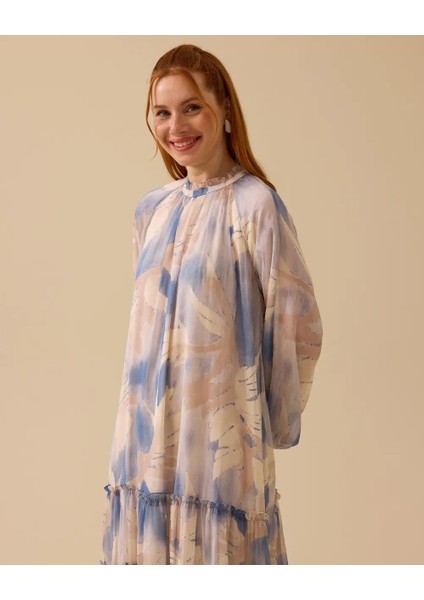 1037 Sıfır Yaka Yakası Pileli Balon Kol Kol Ucu Lastikli Eteğin Ucu Kat Detaylı Elbise #03-25#