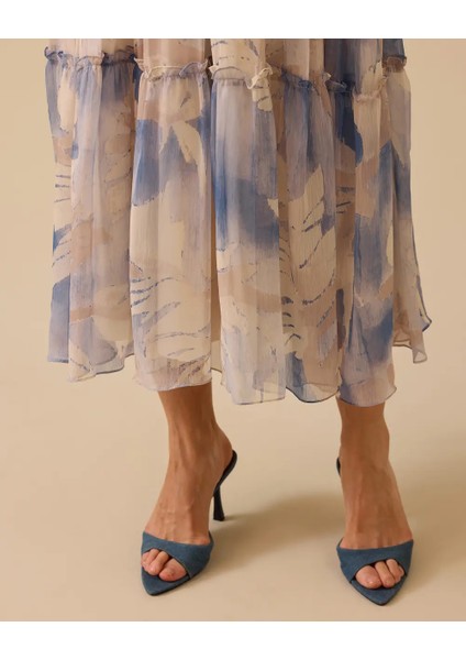 1037 Sıfır Yaka Yakası Pileli Balon Kol Kol Ucu Lastikli Eteğin Ucu Kat Detaylı Elbise #03-25# fırsatları