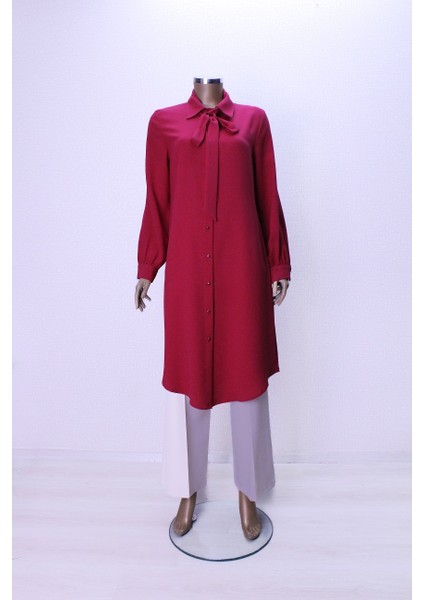 7004 Yakası Fularlı Önü Düğmeli Fular Yaka Tunik Qys Tunik 7004 ##23-03#