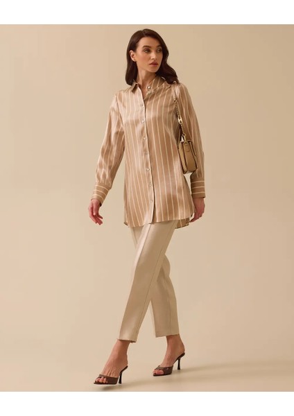 1005 Önü Düğmeli Kolları Kalın Manşet Saten Kumaş Çizgili Günlük Gömlek #03-25#