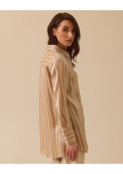 1005 Önü Düğmeli Kolları Kalın Manşet Saten Kumaş Çizgili Günlük Gömlek #03-25# fiyatları