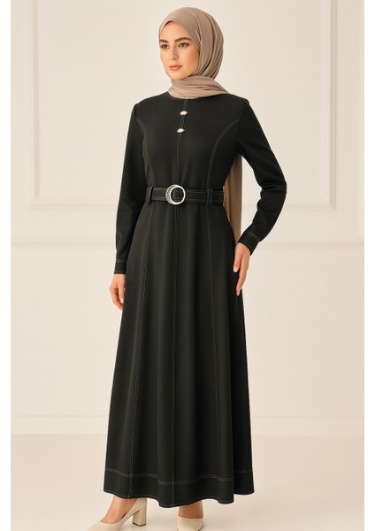 63054 Sıfır Yaka Kolu Manşetli Önü Inci ve Dikiş Detaylı Beli Kemerli Elbise #03-25#