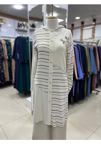 1525 Önü Düğmeli Önü Boncuk ve Taş Işlemeli Kapişonlu Keten Tunik #03-25#