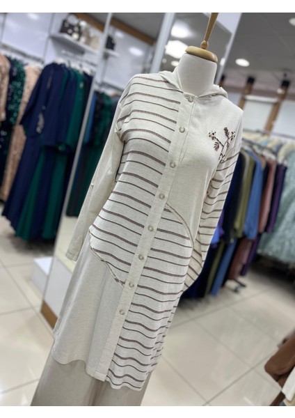 1525 Önü Düğmeli Önü Boncuk ve Taş Işlemeli Kapişonlu Keten Tunik #03-25# fiyatları