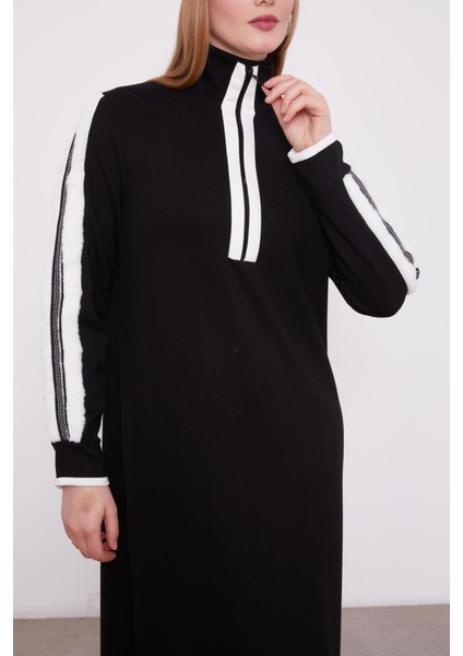 330255 Kolları Şerit Küp Detaylı Ön Göğüse Kadar Fermuarlı Kol Ucu Manşetli Kumaş Iki Iplik Elbise