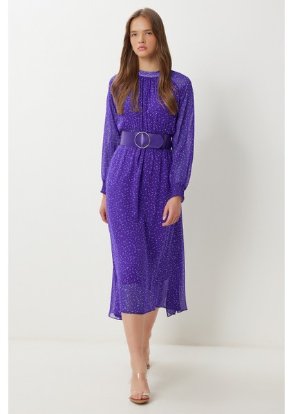 Kemerli Desenli Volanlı Şifon Elbise LFG0051 Mor Ekru