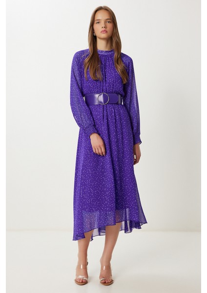 Kemerli Desenli Volanlı Şifon Elbise LFG0051 Mor Ekru fiyatları