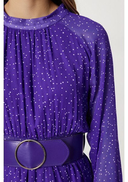 Kemerli Desenli Volanlı Şifon Elbise LFG0051 Mor Ekru fırsatları