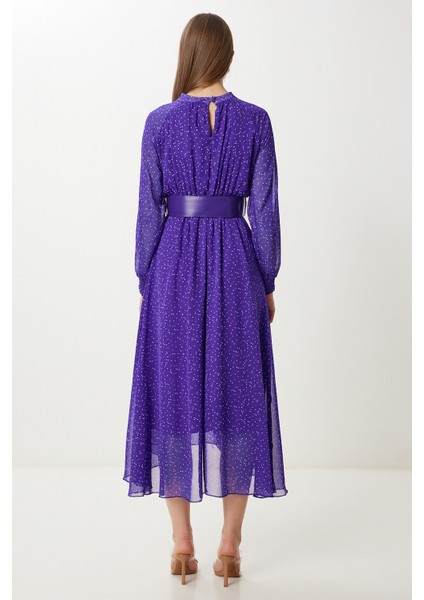 Kemerli Desenli Volanlı Şifon Elbise LFG0051 Mor Ekru indirimleri