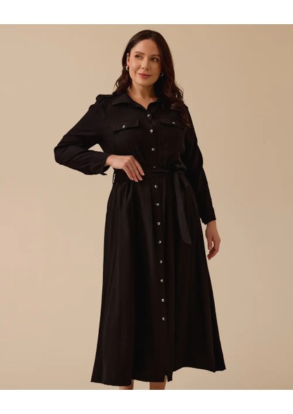 4004 Önü Boydan Düğmeli Göğsü Cepli Beli Kuşaklı Kolu Manşetli Günlük Elbise #03-25#