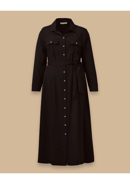 4004 Önü Boydan Düğmeli Göğsü Cepli Beli Kuşaklı Kolu Manşetli Günlük Elbise #03-25# fırsatları