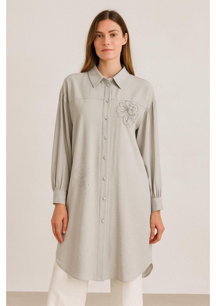 61035 Önü Boncuk Düğmeli Göğüsü Çiçek Desenli Oversize Pamuklu Gömlek #04-25#