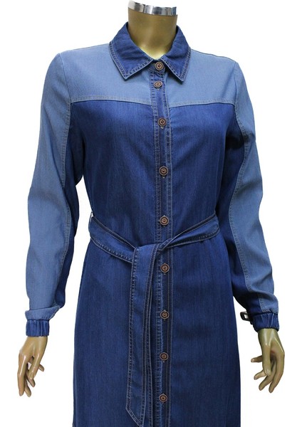 63007 Önden Düğmeli Altı Fırfır Detaylı Gömlek Yaka Kuşaklı Kot Elibse Qys Elibse #24-04#