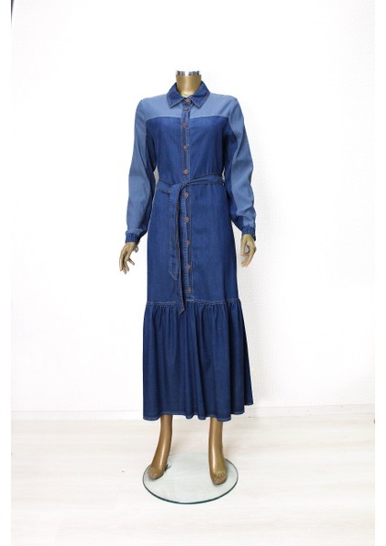 63007 Önden Düğmeli Altı Fırfır Detaylı Gömlek Yaka Kuşaklı Kot Elibse Qys Elibse #24-04# fiyatları